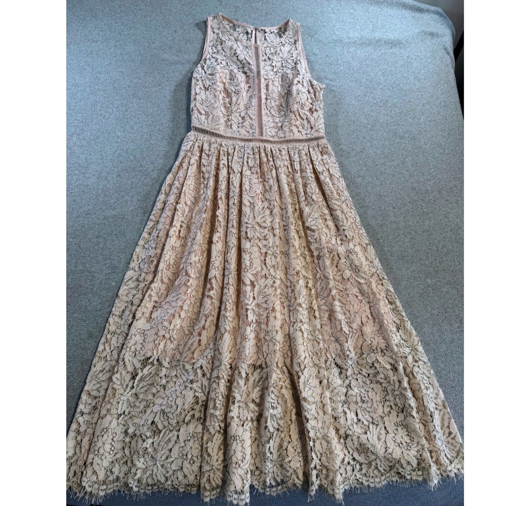 Lace Midi Dress Women Size M Blush Pink Silver Metallic Floral Sleeveless‎